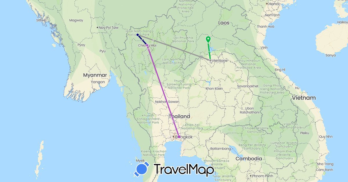 TravelMap itinerary: driving, bus, plane, train in Laos, Thailand (Asia)